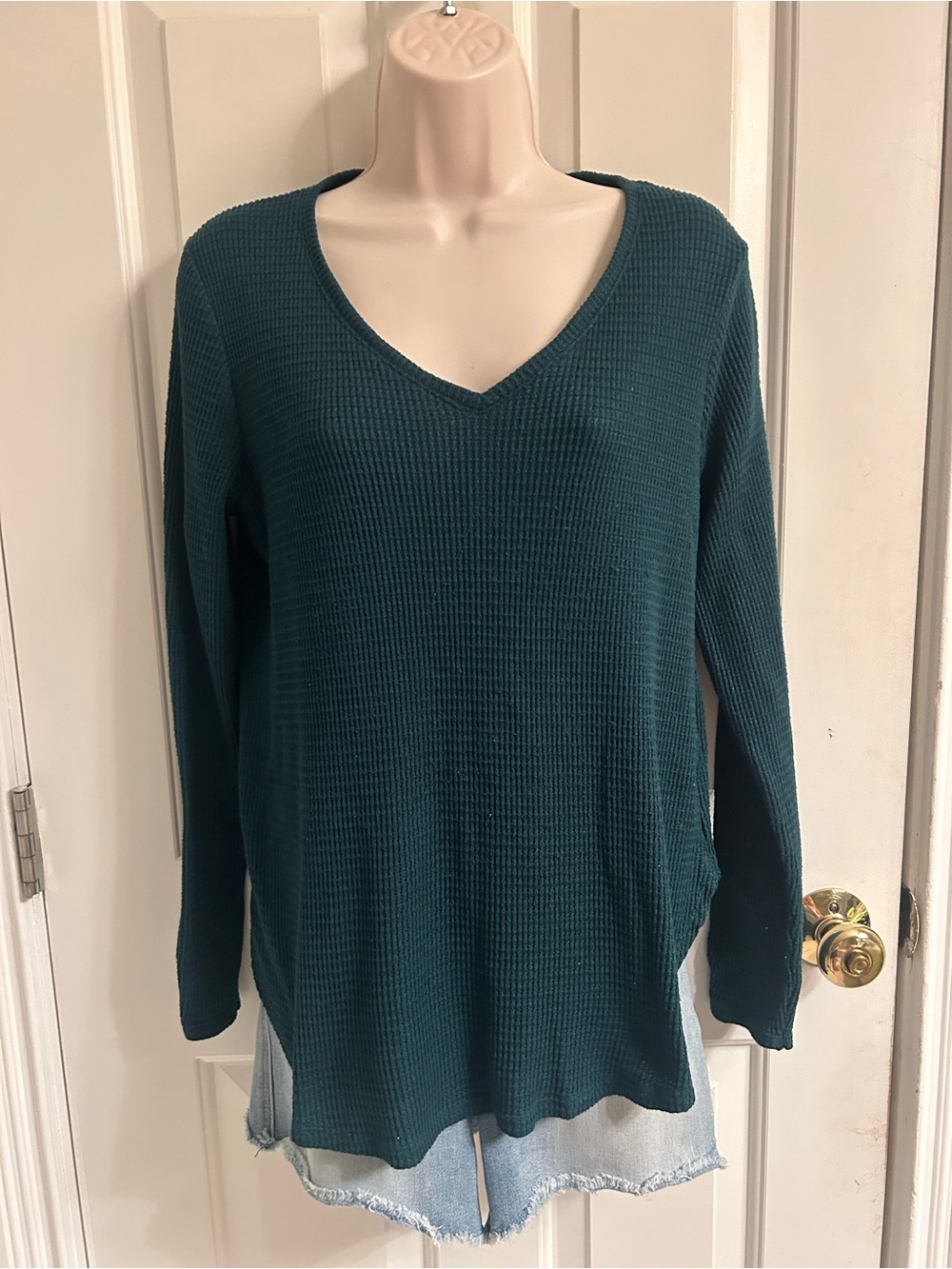 Nine West Deep Teal V-Neck Waffle Knit Sweater